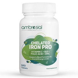 Ambrosial Chelated Iron Pro with Vitamin C, B12, Folic Acid & Zinc – Gentle on Stomach | Iron Supplement for Daily Use | 120 Veg Tablets