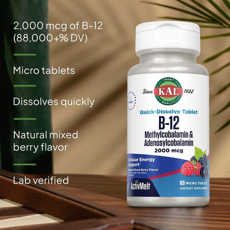 KAL Vitamin B12 Methylcobalamin and Adenosylcobalamin 2000 mcg ActivMelt, B12