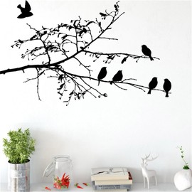 Black Tree Branch Wall Decals - Black Birds On Branch Peel & Stick Bedroom Office Bathroom Living Room Wall Decor