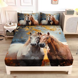UEVBF White Brown Horses Fitted Sheets Full Size,Watercolor Painting Autumn Leaves Bedding Set for Kids Bedroom Horse Decor,Natural Scenery Aesthetics Fitted Sheets,1 Fitted Sheet+2 Pillowcases.