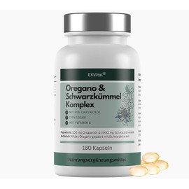 EXVital® Oregano & Black Cumin Oil Complex, 180 Vegan Capsules, 100 mg Oregano Oil & 1000 mg Black Cumin Oil per Day, 80% Carvacrol, High Dose & No Additives