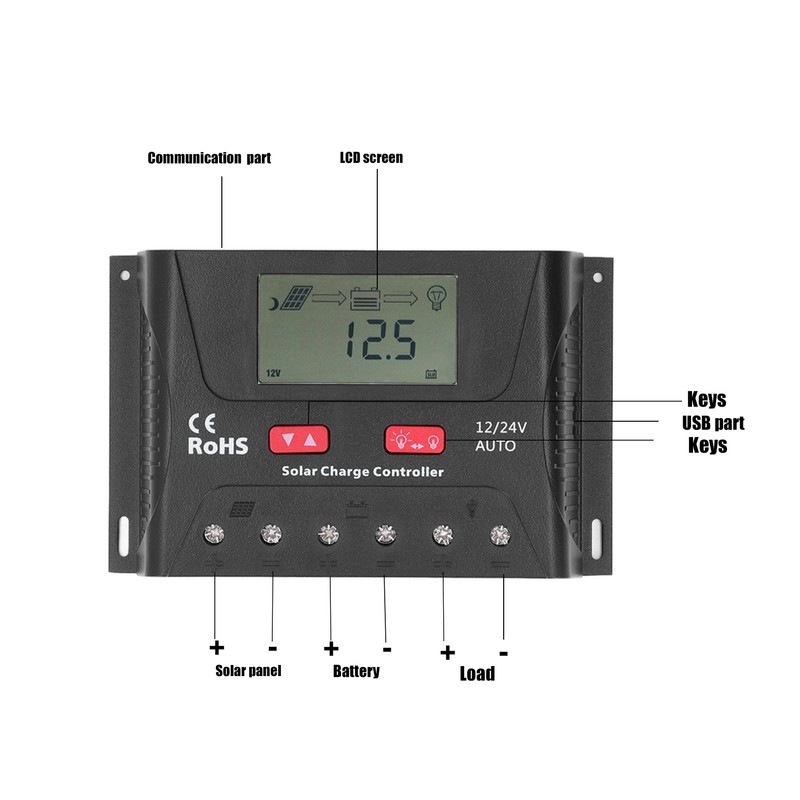 30A 12V/24V PWM Solar Charge Controller Regulator LCD Display Automatic