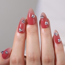 Maigitur 30Pcs Diamond Press on Nails Medium Almond Fake Nails with Design Red Ombre Glue on Nails Rhinestone False Nails Gradient Stick on Nails Reusable Acrylic Nails for Women Girls Manicure