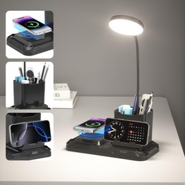 KDD 4 in 1 Desk Lamp with Wireless Charger - 360° Rotating Gooseneck Small Table Lamp with Pen Holder & Phone Stand, Adjustable White and Warm Light Dual Mode LED Desk Light for College Dorm Room