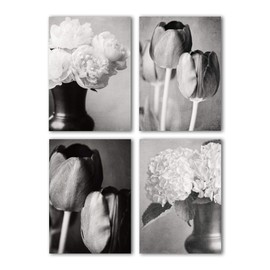 Modern Black and White Floral Set of 4 Prints (Not Framed). Modern French Country Bedroom, Bathroom, Dining Room Wall Art in Grey. 5x7, 8x10, 11x14, or 16x20. (FBM4L)
