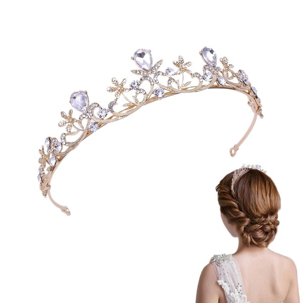 Rhinestone hair crown, leaf rhinestone crown, crystal princess crown, for wedding tiara, prom party, birthday accessories, everyday wear (gold)