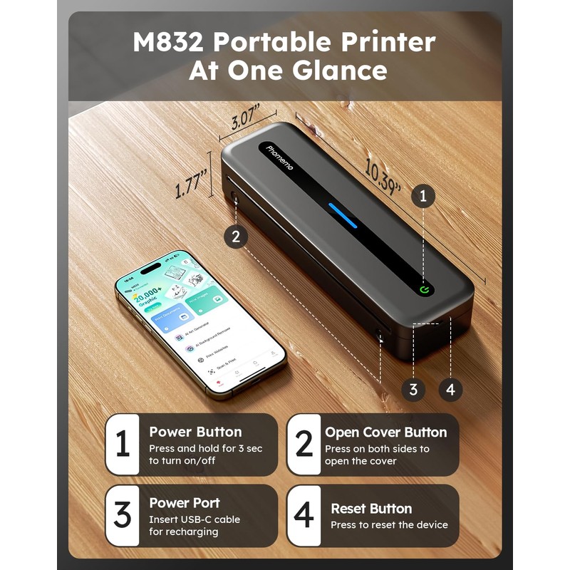Phomemo Portable Printers Wireless for Travel, Inkless Portable Thermal Printer