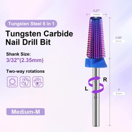 Cnynail 5 in 1 Nail Drill Bit, Tungsten Carbide Multi-Function Bit for Acrylic Nails, Hard Gels, Cuticles Removal, 3/32" Shank, Two-Way Rotation for Left & Right-Handed Use (M Grit, Purple)