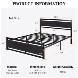 SHA CERLIN Full Size Bed Frame with Modern Headboard, Heavy Duty Platform Metal Base with Square Footboard and 13 Strong Slats Support, No Box Spring Needed, Black