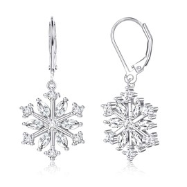 Milacolato Snowflake Earrings for Women Sterling Silver Snowflake Drop Earrings 18K Gold Plated Leverback Winter Drop Dangle Snowflake Earrings Holiday Xmas Christmas Jewelry Gifts, White Color