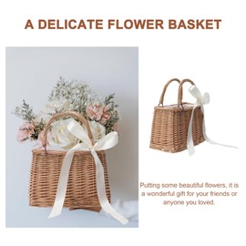 PRETYZOOM Wicker Basket with Handle: Natural Rattan Handbag with Decorative Ribbon Wicker Picnic Basket Boho Beach Bag Straw Tote Wedding Flower Girl Basket