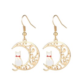 coadipress Cat Moon Earrings for Women Gold Plated Cartoon Enamel White Black Sailor Moon Cat Earrings Animal Carved Crescent Moon Earrings Jewelry (White)