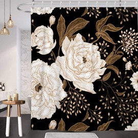 ChloropLastid Black Gold Floral Shower Curtain Black Flowers Shower Curtain Abstract Retro Boho Botanical Mid Century Modern Bath Curtain Fabric Waterproof with 12 Hooks 72 x 72 Inch
