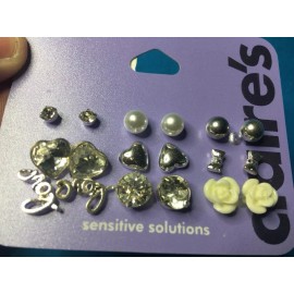 Claire's Nine Pairs Of Claire's Silvertone Rhinestone Stud Heart Rose Love Earrings New!