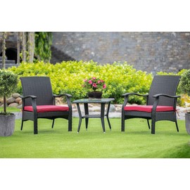 East West Furniture 3Pc Outdoor Black Wicker Dining Set Includes a Patio Tea Table and 2 Balcony Backyard Armchair with Linen Fabric Cushion