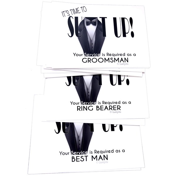 Groomsmen Proposal Cards White, It's Time to Suit Up, Set of 14 with Envelopes Includes 2 Will You Be My Best Man Cards and 2 Ring Bearer Cards.