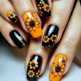 24Pcs Black Press on Nails Medium Coffin Spring with Cute Sunflower Design Glossy Fake Nails Full Cover Orange Sunflower Acrylic Nail Art Kit for Women Girls DIY Manicure Decorations