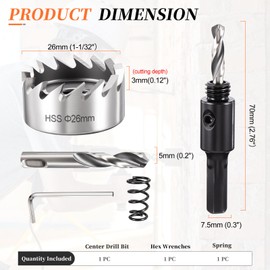 METALLIXITY Hole Saw Kit 26mm (1-1/32"), 4241 High Speed Steel Hole Cutter with Center Drill Bit, Hex Key and Spring - for Soft Metal, Wood, Plastic, Plasterboard, PVC Boards, Silver