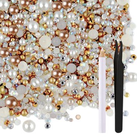 ASTARON 50 g Mix Half Beads and Rhinestones for Crafts, 3 mm - 10 mm FlatBack Beads and Rhinestones for Face Nail DIY Cups Cups Art Shoes Clothing (Champagne Gold Series)