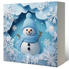 LUKIPOM Blue Snowman Decor, Christmas Snowman Snowflake Wooden Box Sign, Snowman Christmas Decorations, Winter Christmas Wood Signs for Home Office Desk Table Shelf Decor, 5x5 Inch