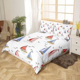Sailboat Bedding Set Seagull Comforter Cover for Kids Boys Girls Teens Nautical Duvet Cover Ocean Marined Breathable Bedding & Linen Summer Holiday Bedding & Linen Double Size