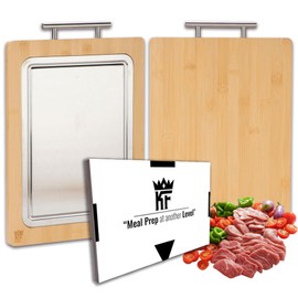KF Double Sided Cutting Board - Bamboo and Stainless Steel Cutting Boards for Kitchen, Non Toxic Reversible Chopping Board for Meat and Veggies