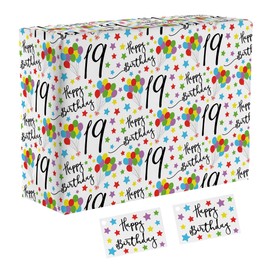 Hunts England - 1 Sheet Of 19th Birthday Fun Wrapping Paper For Boy/Girl - Includes 2 Gift Tags - Age 19 Folded Gift Wrap For Him/Her - Iconic Collection - Colourful Age Nineteen Gift Wrap