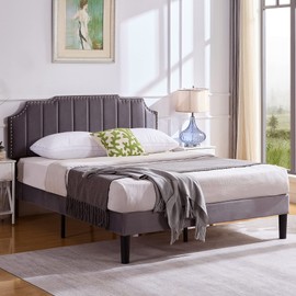 VECELO Upholstered Platform Queen Bed Frame with Tufted Adjustable Headboard/Mattress Foundation/Wood Slat Support,Easy Assembly,Dark Grey