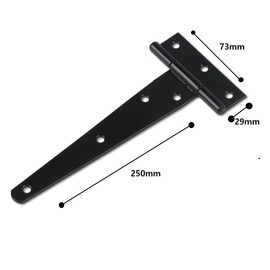 2 Pack T Hinges 250mm (10") with Screws, Heavy Duty T-Strap Gate Hinges, Black Coated Metal Tee Hinges, Rustproof and Weather Resistant for Shed Doors, Barn Doors, Wooden Gates, and Fences.