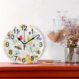 BOENLE Wildflowers and Bees Wall Clock Non Ticking Silent Kitchen Clock Large Decorative Battery Operated Clocks 10 inch for Living Room Bedroom Decor