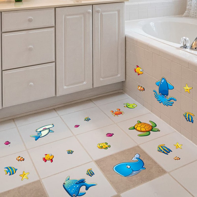 24PCS Non Slip Bathtub Stickers, Cartoon Marine Life Bath Tub