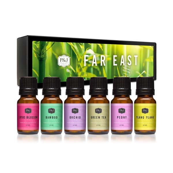 P&J Fragrance Oil Far East Set | Ylang Ylang, Green Tea, Lotus Blossom, Orchid, Bamboo, and Peony Candle Scents for Candle Making, Freshie Scents, Soap Making Supplies, Diffuser Oil Scents