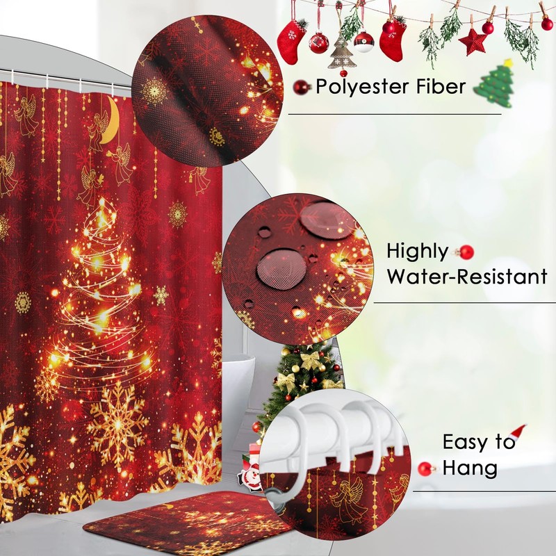 Nesphy Bathroom Sets with Shower Curtain and Rugs, 4 Pcs,Christmas