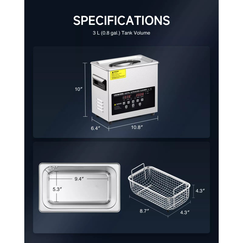 CREWORKS 3L Ultrasonic Cleaner Industry Heated w/Timer Jewelry Ring Glasses