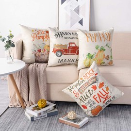 Artscope 4er-Set Dekorativ Kissenbezug 45 x 45 cm, Herbst-Thema Polyester Leinen Kissenbezüge Dekokissen Kissenhülle Set Kissen Fall für Sofa Auto Schlafzimmer Zuhause Dekor (Kürbis - C)