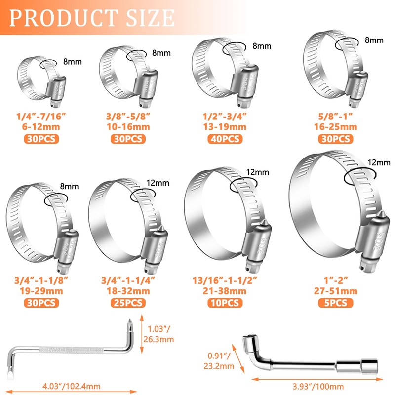 Seamaka Hose Clamp Assortment 200PCS 304 Stainless Steel Hose Clamp