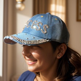 Popfizzy Princess Baseball Cap for Women and Girls, Adult Bedazzled Rhinestone Hats, Blue Denim and Diamond Hat, Bling Gifts