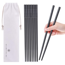 5 Pairs Fiberglass Chopsticks, GLAMFIELDS Reusable Japanese Chinese Chop sticks Dishwasher Safe, Non-slip, 9 1/2 inches - Black with Multi-purpose Drawstring Bag Carrying Case