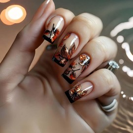 French Tip Press On Nails Medium Square Fake Nails Fall False Nails With Maple Leaf Design Full Cover Acrylic Nails Autumn Glue On Nails Stick On Nails For Women Manicure Decoration 24pcs