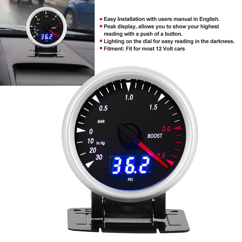 Aramox Turbo Pressure Gauge, 60mm/2.5in 12V Universal LED Car Turbo