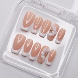 Luxury Press on Nails Medium Square Handmade 3D Unique Reusable ABS Material Fake Nails White French Tip False Nails with Designs Floral Rhinestones Elegant Glossy Glue on Nail Thick Acrylic Nail(S)