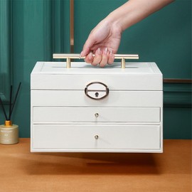 Hatori Jewelry Organizer Box for Women, 3-Layer Large Capacity Jewelry Storage with Auto-Lifting Necklace Tray & Mirror, Multi-Functional Case for Earrings, Bracelets, Rings & Cosmetic Accessories