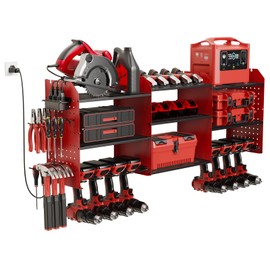 Power Tool Organizer Wall Mount with Charging Station, 8 Drills Holder Garage Wall Tool Organizer with 4 Pegboard Hooks, 6.5FT Outlet Power Strip, 45.5“ Heavy Duty Garage Organization for Mens Gifts