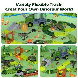 Dinosaur Track Toy, Dinosaur Race Car 194pcs Flexible Dino Slot Car Track with Dinosaur Figures Truck Playset Create a Dino World Road Race for Kids 3 4 5 6 Year Old Up Boy Girls