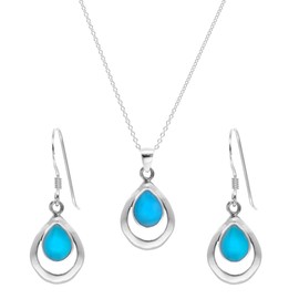 Silverly Women's 925 Sterling Silver Simulated Turquoise Teardrop Drop Earrings Necklace Set, 18"