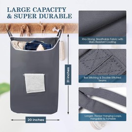 The Fine Living Co. X-Large Hanging Laundry Hamper with Over Door Hooks & Adhesive, Durable Space Saving Laundry Bag with Zipper and Wide Open Top,Hanging Dorm Laundry Hamper 20"x3.75"x31" (Gray-XL)