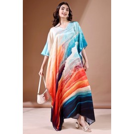 Women's Kaftan Dresses for Swimsuit Tunic | Soft Satin Kaftan | Plus Size | Maxi | Digital Print | Hidden Adjustable Belt