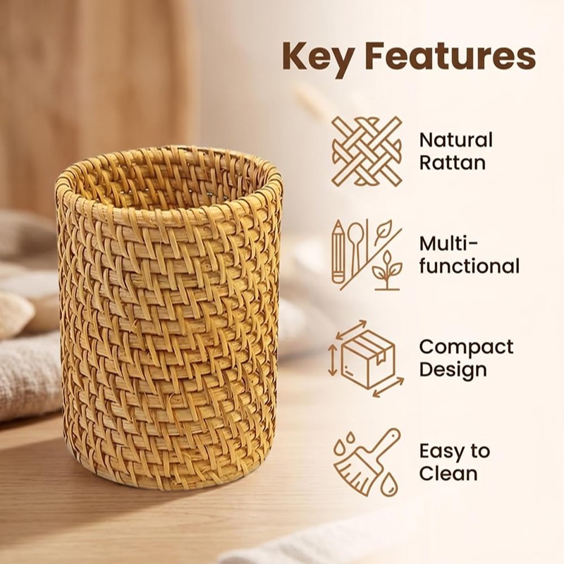 XLP Natural Rattan Pen Holder, Round Wicker Pencil Cup, Boho