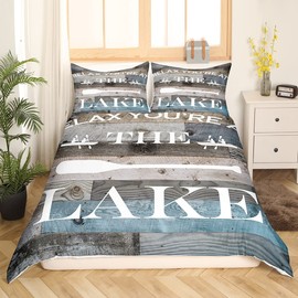 Homewish,Lake House Duvet Cover Set Rustic Size Blue Grey Retro Wooden Comter Cover 3pcs Kids Adults Men Teens Bedroom Decor,Lake Life White Cabin Quilt Cover,2 Pillowcases