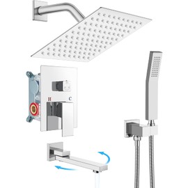 gotonovo Bathroom Shower Faucet Set Wall Mount Triple Function Shower System with Tub Spout Chrome Polished High Pressure Square 8" Rain Showerhead Hand Shower Rough-In Valve